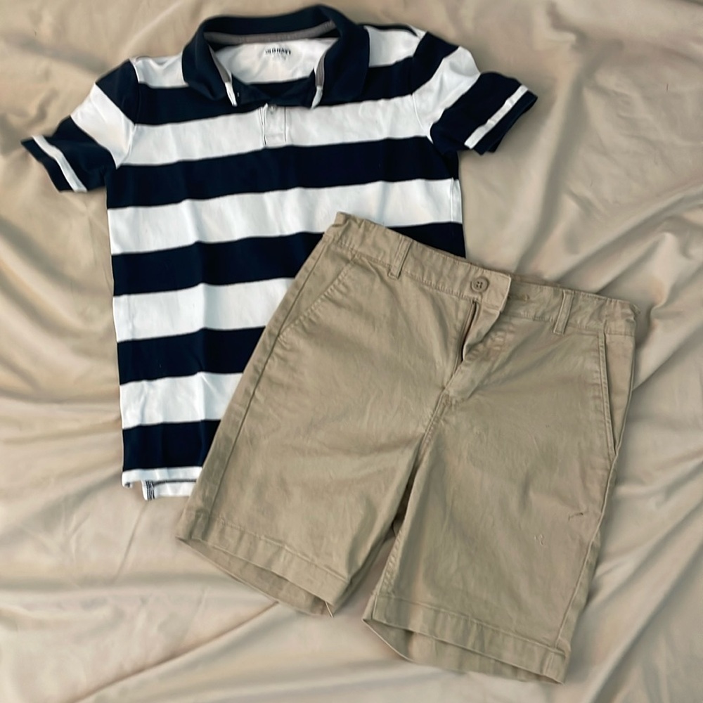 Boys old nave chino shorts and polo shirt